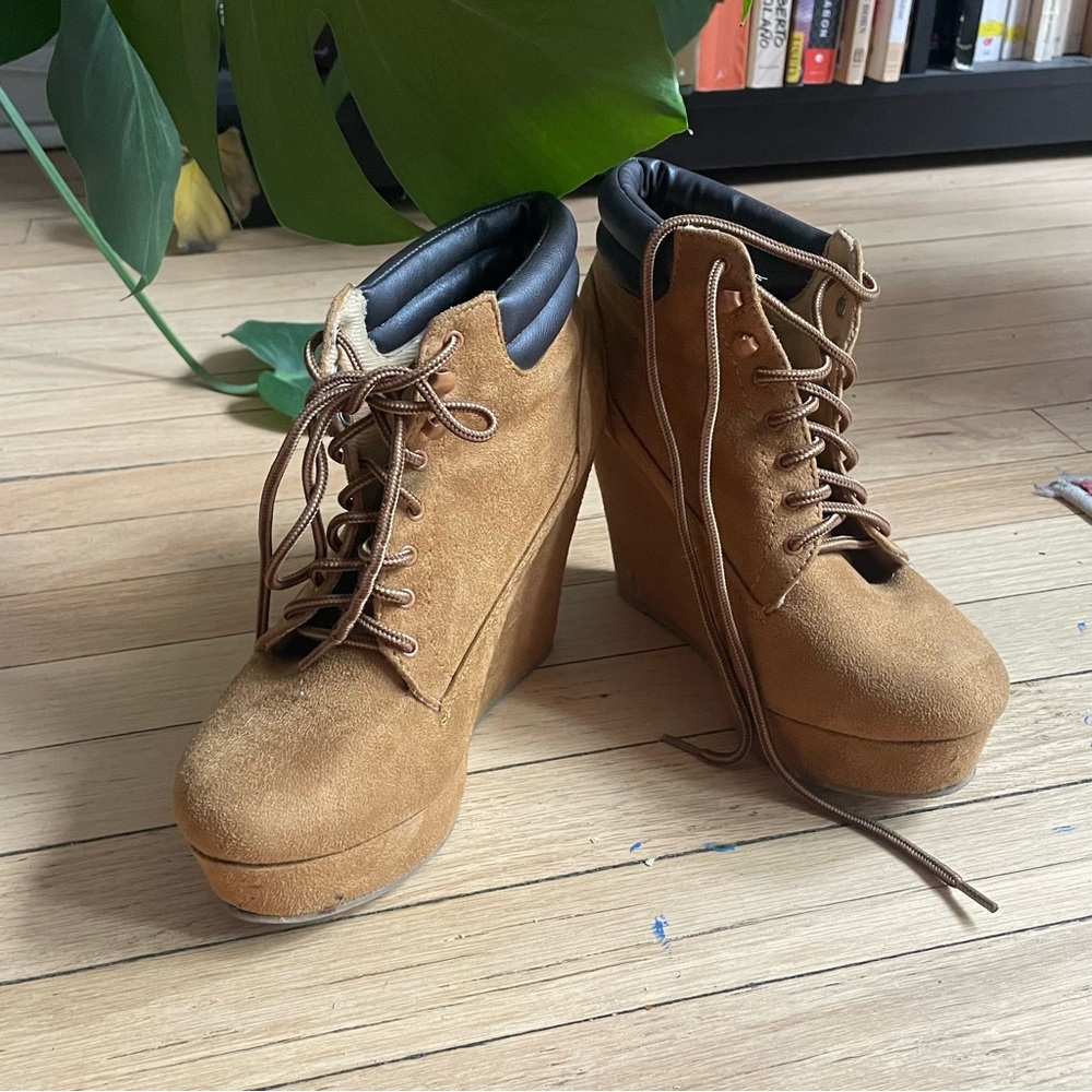 Soda Tan Lace-Up Wedge Boots